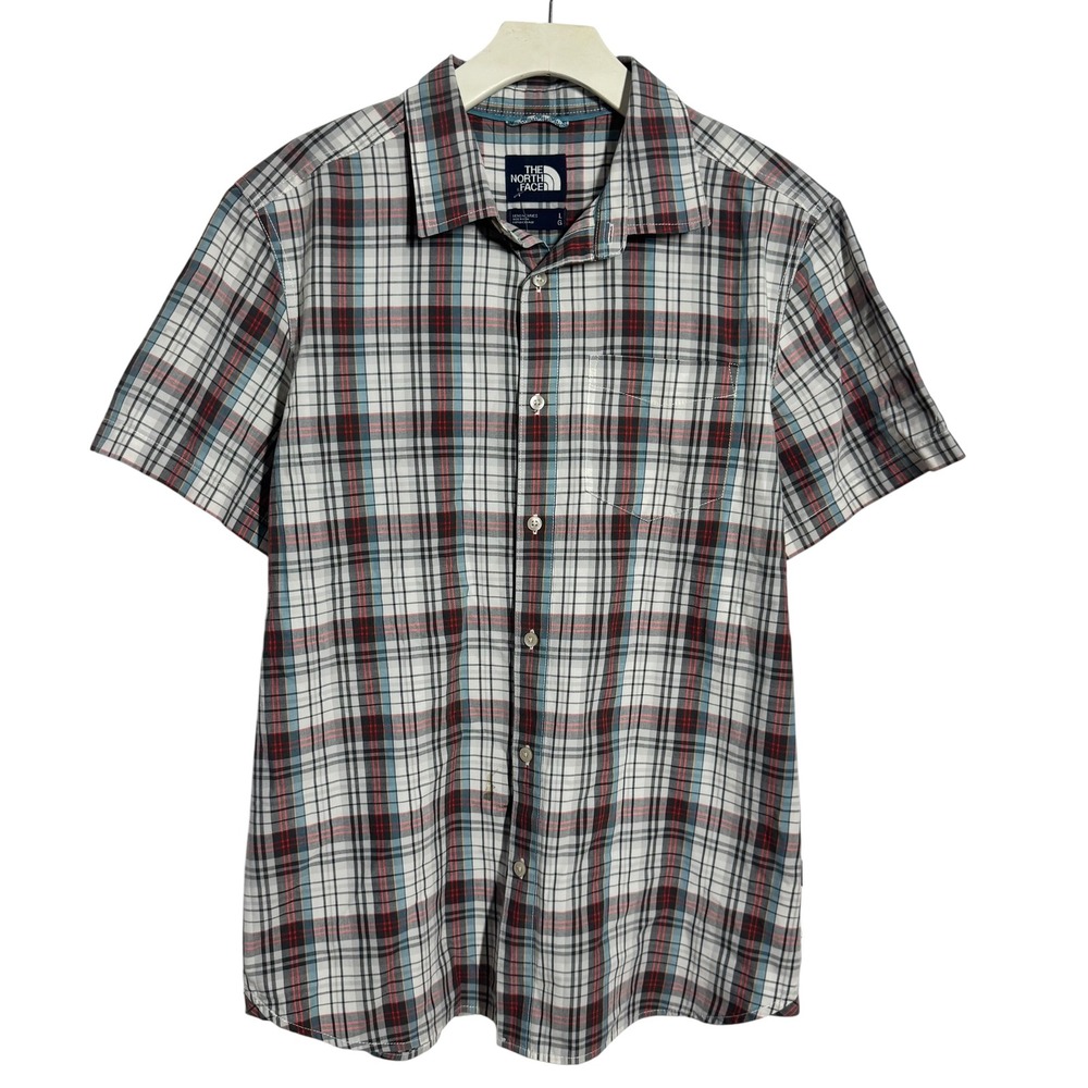 The North Face Mens Plaid Short Sleeve Button Down Shirt Blue Red White Plaid L